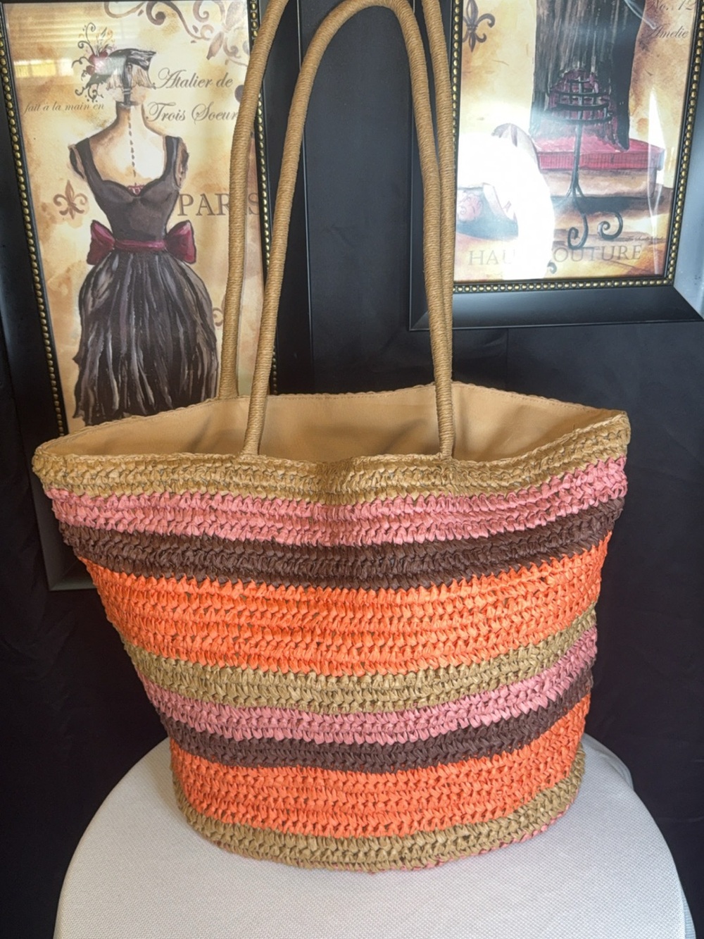 Time and Tru Striped Woven Tote in Orange, Pink, Brown, Tan